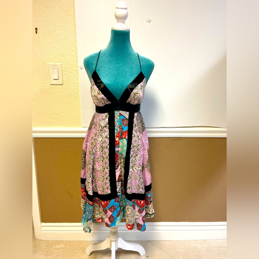 1980s Boho Silk Mini Dress -‎ Vintage Halter Neck Dress - Size Small - 100% Silk